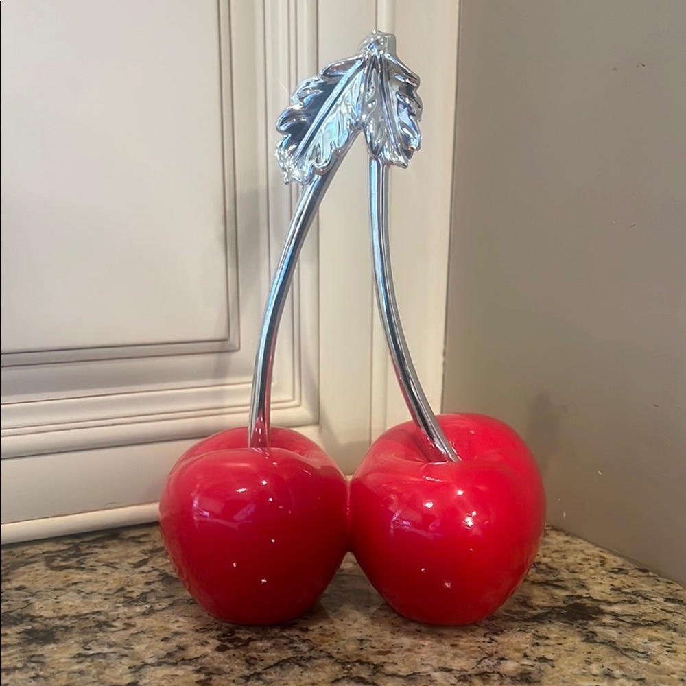 Red Cherry Sculpture with Silver Stems